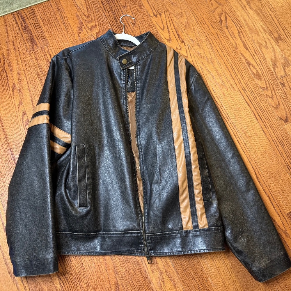 Whispering Smith Vintage Moto Faux-Leather Striped Jacket - Medium ✨